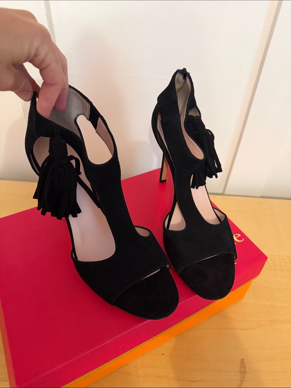 Kate Spade Black Suede Tassel High Heel Sandals - Women with Box